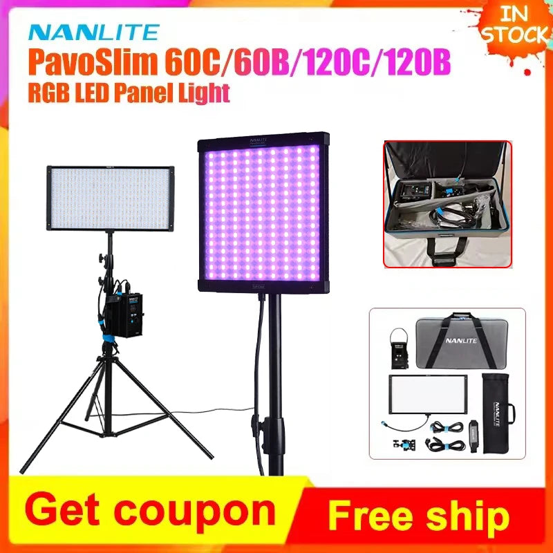 PavoSlim LED panels on tripod stands with purple light, control unit, cables, and carrying cases for studio lighting.