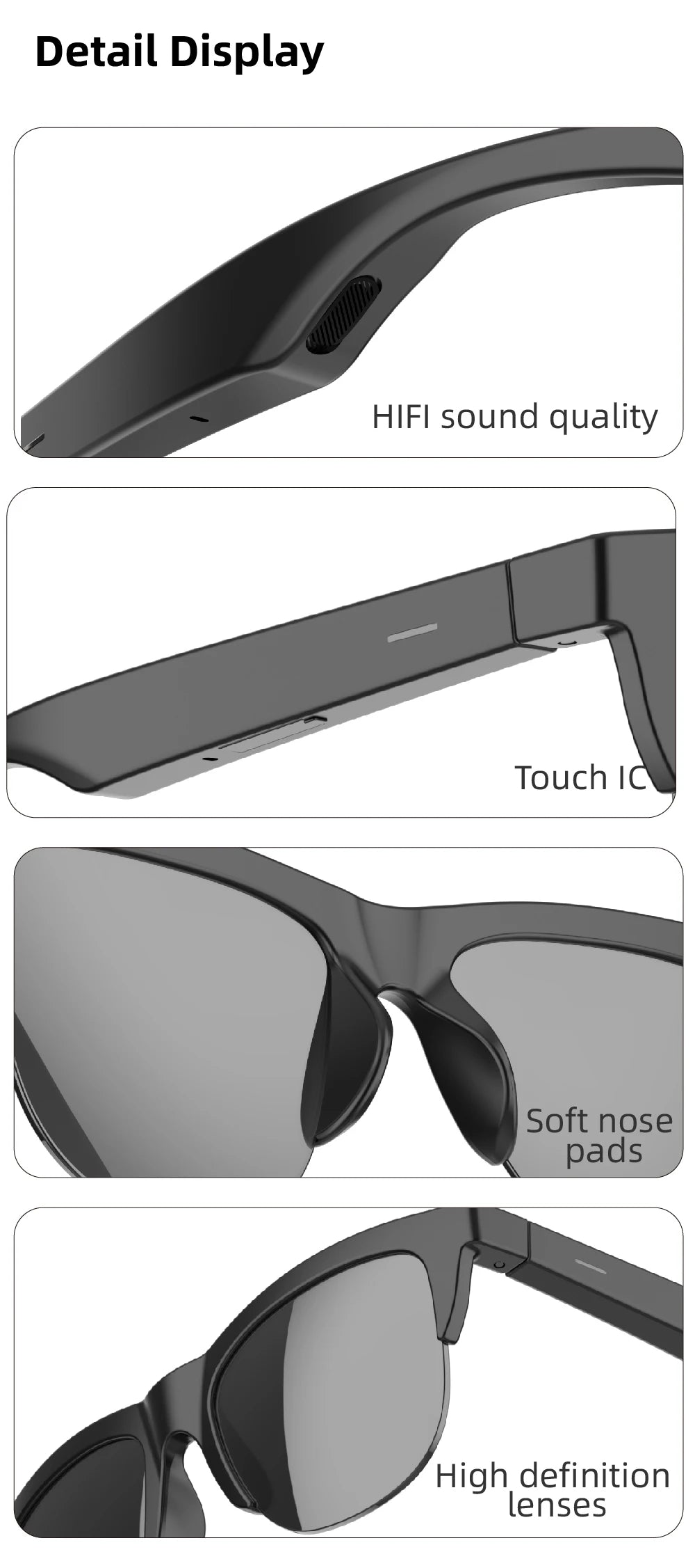 Bluetooth Smart Glasses - Immersive Spatial Audio Hands-Free Black Tidesmit