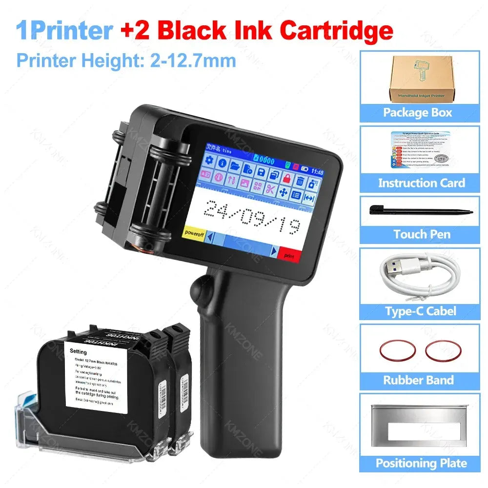 Handheld inkjet printer with 2 black ink cartridges and screen showing date and code