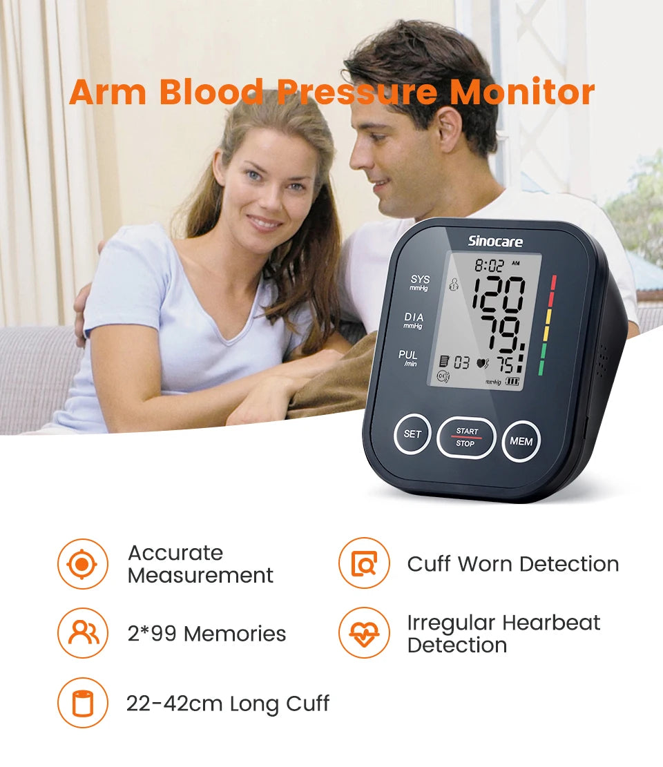 Sinocare Blood Pressure Monitor Digital Upper Arm Blood Pressure Measuring Device 22-42 Long Cuff Home Professional BP Machine