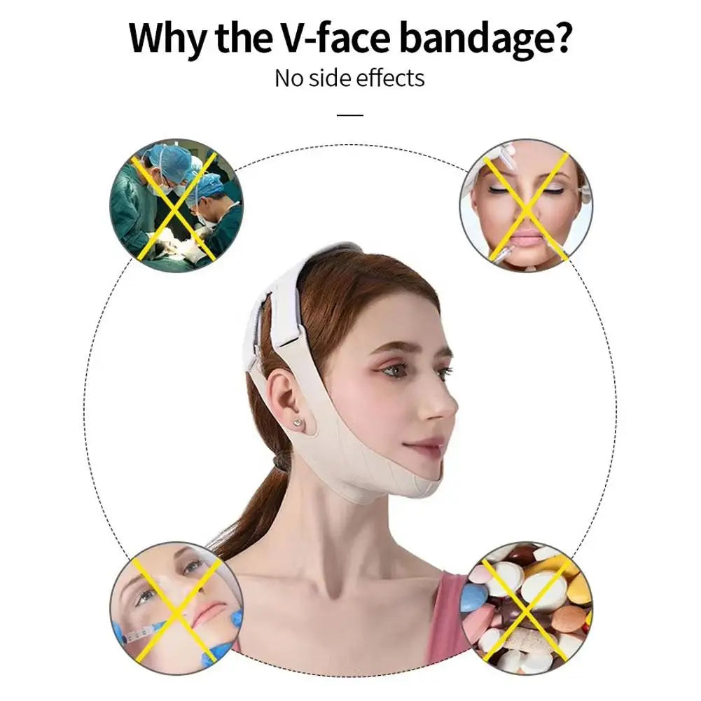 A woman wears a beige, reusable V-line face slimming bandage strap under her chin and around her head.