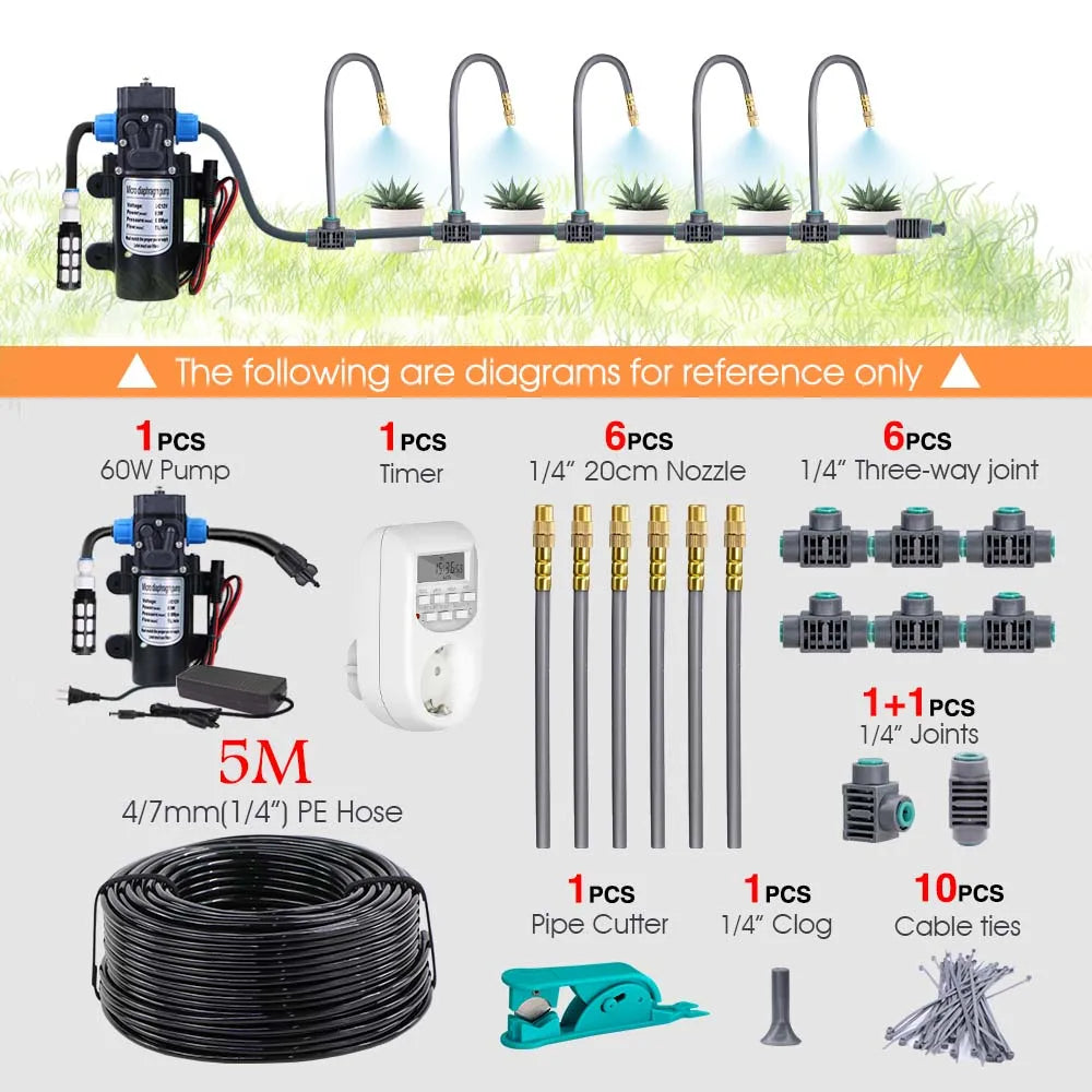 15-5M 1/4” Hose Adjustable 360° Flexible Brass Mist Nozzle Garden Irrigation Pump Sprinkler Kit Quick Link Spray Cooling System