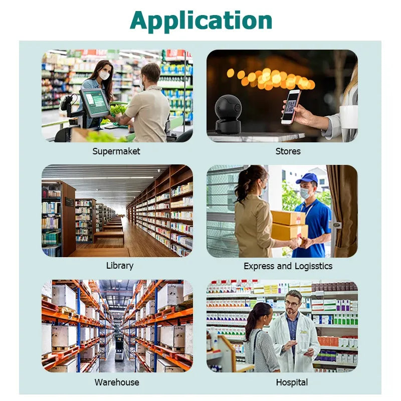 Black omnidirectional barcode scanner shown in retail, library, and logistics application layout