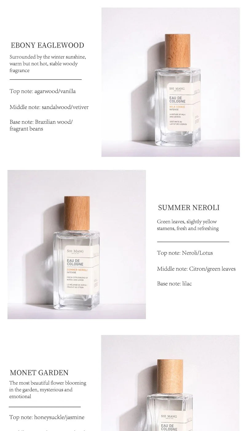 Shi Mang 50ml women's cologne, woody/floral/fruity scent, square glass bottle with wooden cap, long-lasting daily use.
