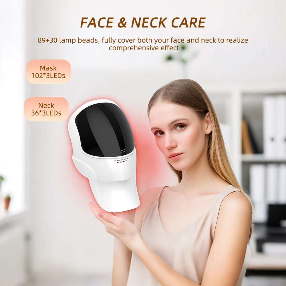 White and black LED light therapy face and neck mask with over 100 internal lamp beads for skincare.