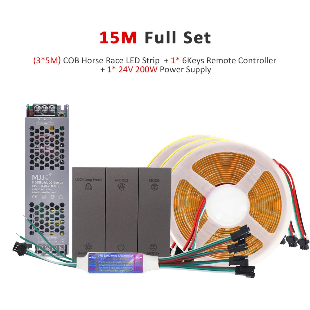 15M LED strip kit with power supply, controller, and coiled COB ribbon