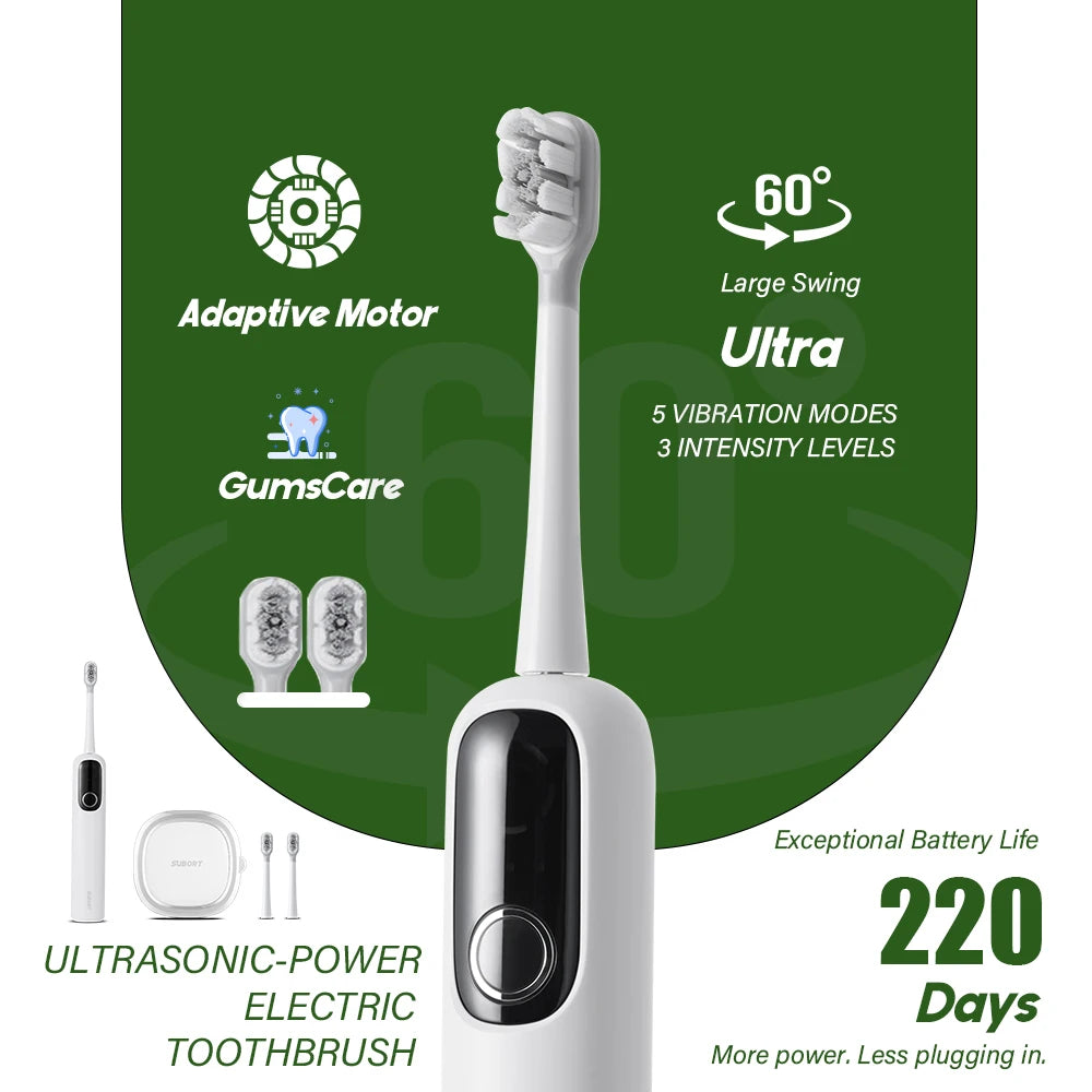 SUBORT S1 Sonic Oscillating Electric Toothbrush, 60° Swing, UV Sterilization Box, Copper-Free Brush Head, 220 Days Battery Life
