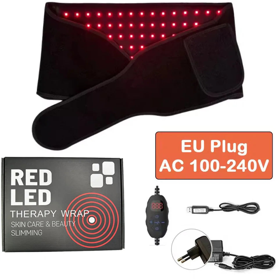 Red light therapy belt with LED wrap for back pain relief, includes controller, EU power adapter, and packaging box.