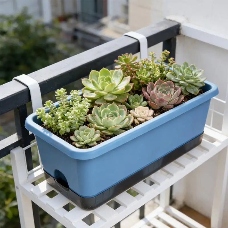 Blue self-watering rectangular planter box with succulent plants on a balcony railing