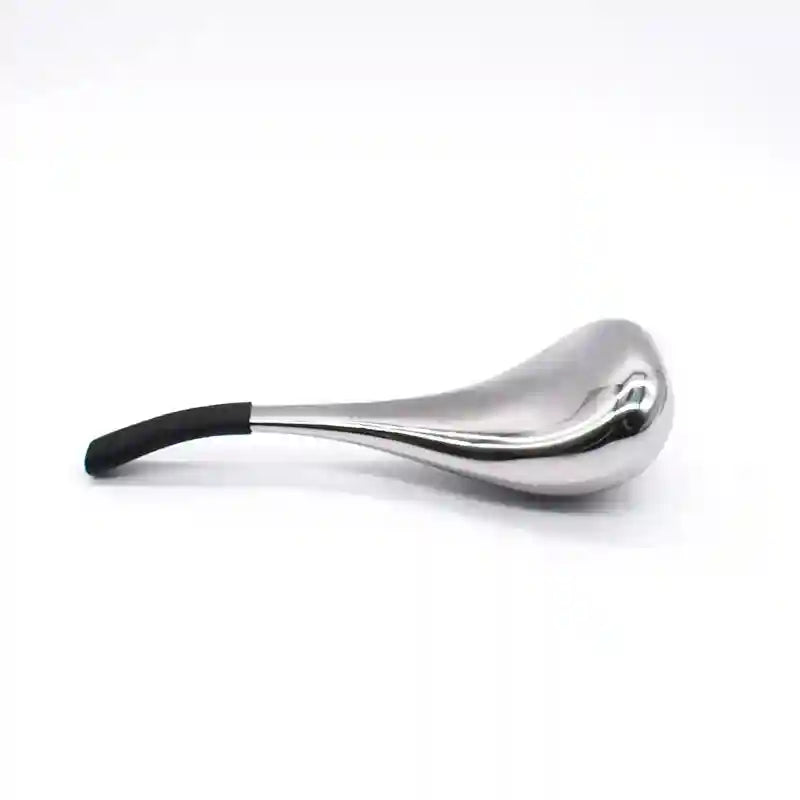 A single silver, teardrop-shaped metal cooling facial massage wand with a short black rubber handle.