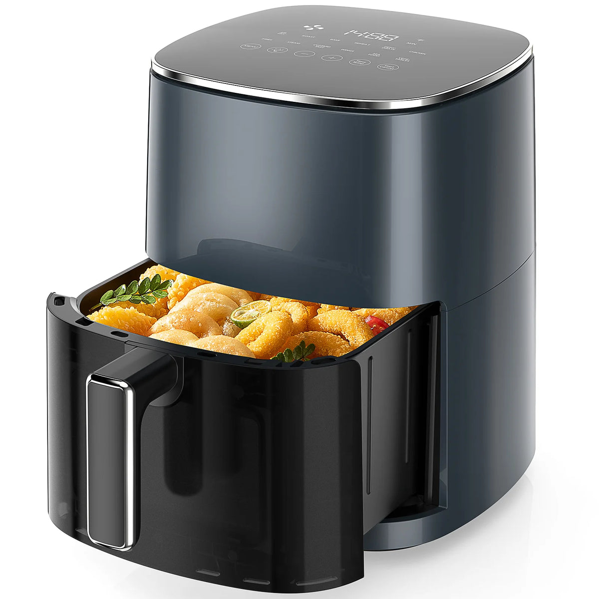 Blue grey square air fryer with open black crisper basket and front handle