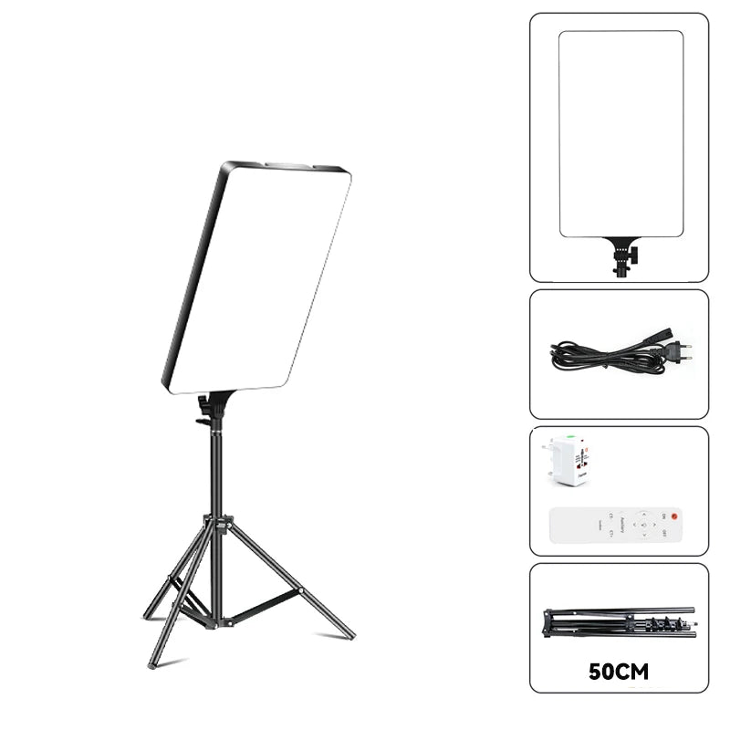 LED rectangular studio light on a black tripod stand, including remote, power cable, and adapter. For photography.