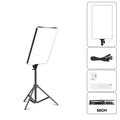 LED rectangular studio light on a black tripod stand, including remote, power cable, and adapter. For photography.