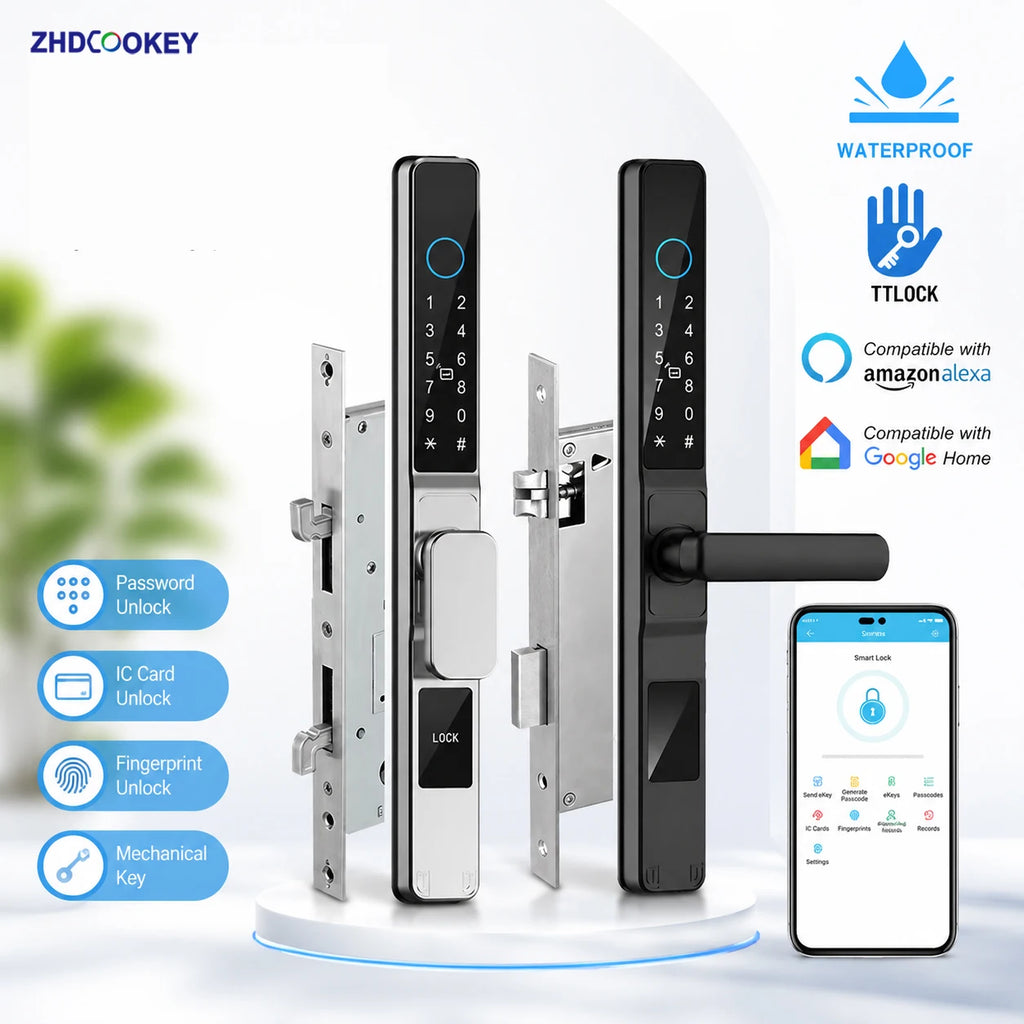 Slim 3.5cm Waterproof Aluminum Smart Door Lock with TTLock Bluetooth Fingerprint Password IC Card APP Control for Sliding Doors