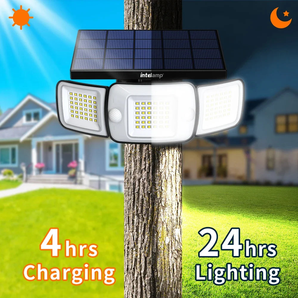 Intelamp Outdoor Solar Lights 4000mAh Battery With Two Motion Sensor 1200LM Bright IP65 Wall Lamp For Garden Yard Path Garage