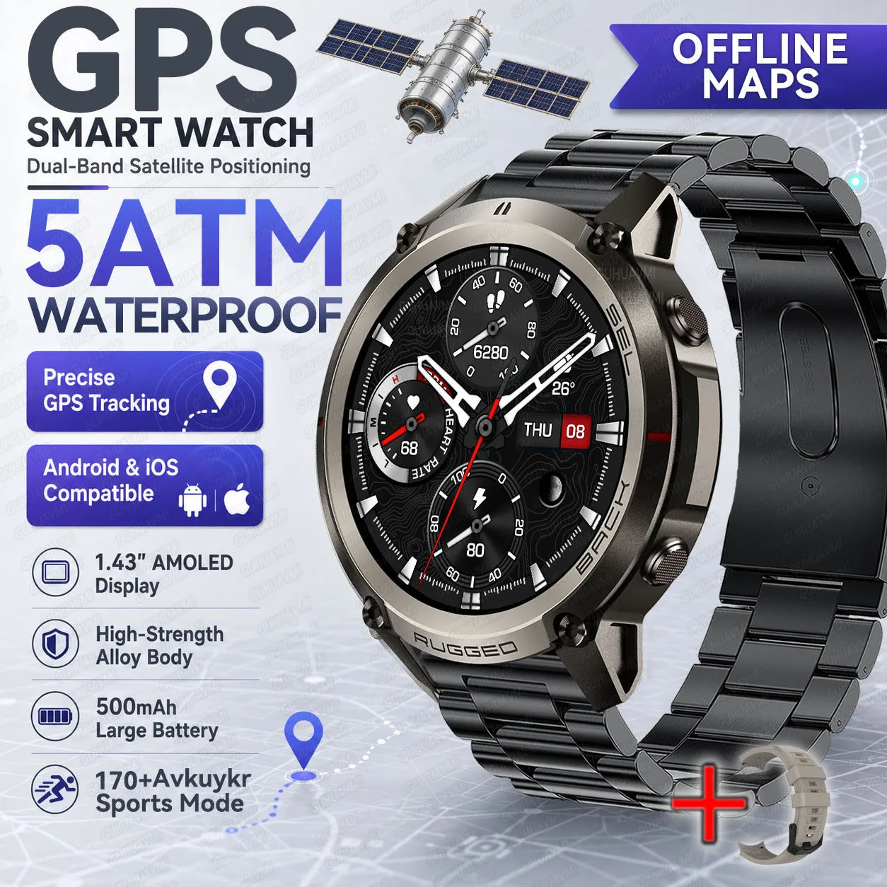 Rugged black sport smartwatch with dark AMOLED display and black metal band.
