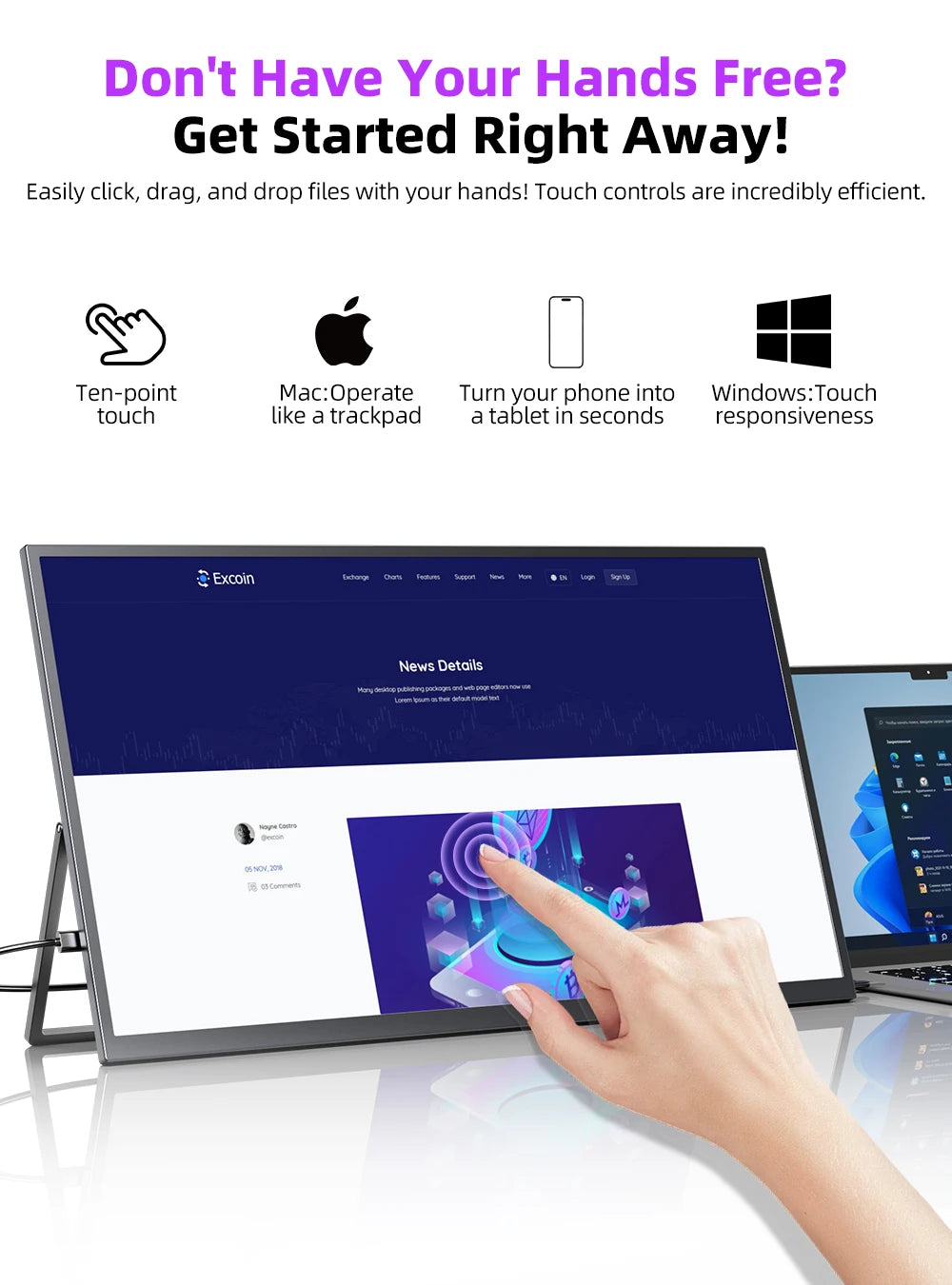 UPERFECT QLED Computer Display 22" Monitor 2K 1440P 100% Adobe RGB 10Point Touch Screen With Stand For Laptop PC Mac Phone Game