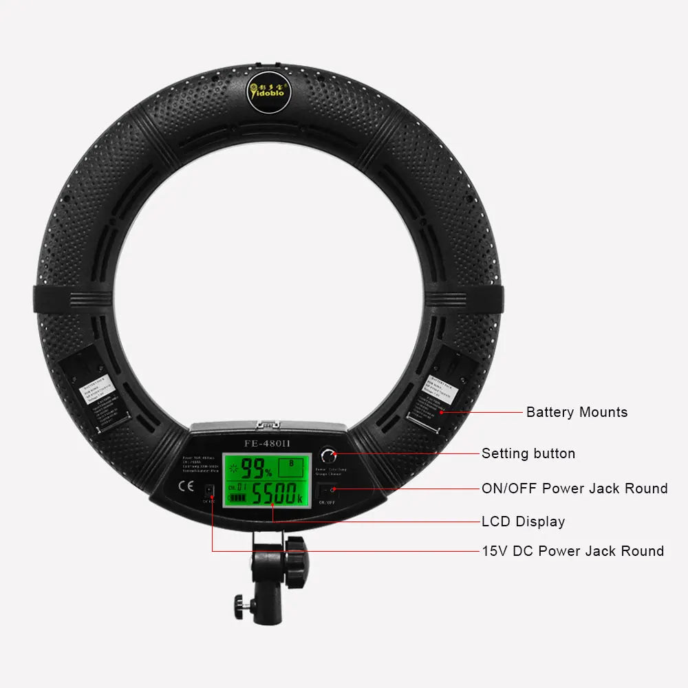 Black circular LED ring light for photography and video with a central LCD display, setting buttons, and battery mounts.