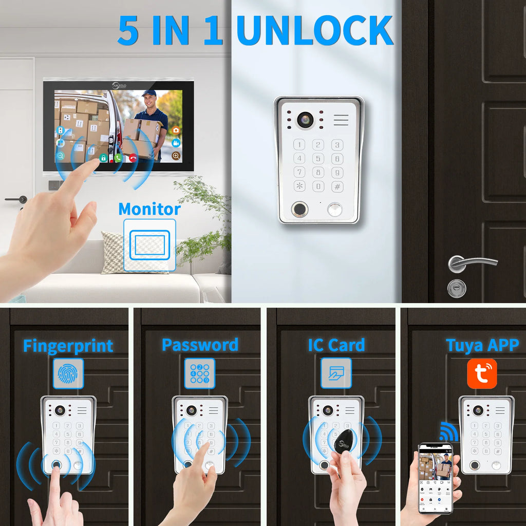 ANJIELO Fingerprint IC Card Password 3in1 Unlock Doorbell Video Intercom for Home 1080P 148° Wide View  4-wired System