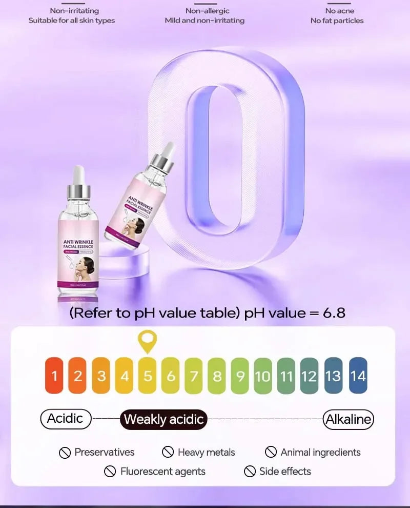 Anti-wrinkle facial essence in a clear dropper bottle for skin firming, tightening, and elastic rejuvenation.