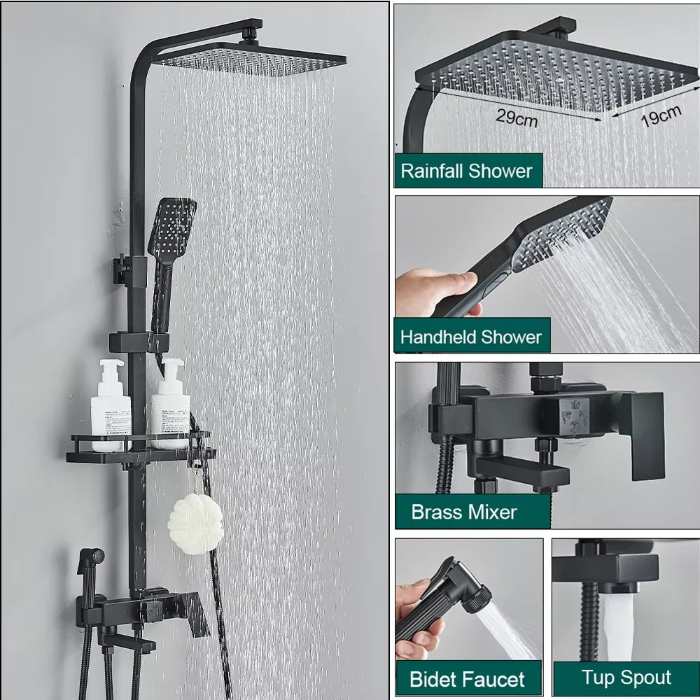 Rainfall Bathroom Shower Faucet Kit With Bidet Wall Mounted Stainless Steel Hot Cold Water Mixer Tap System With Rack,Tub Spout