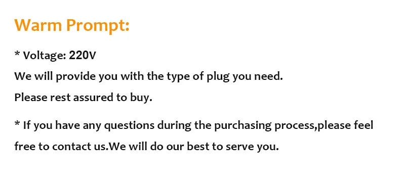 Informational text about 220V voltage and plug customization for coffee or tea maker product purchase.