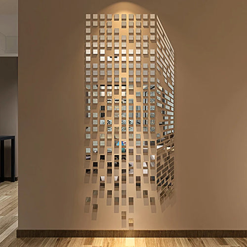 Gold mirror-look square mosaic wall stickers with reflective 3D tile pattern