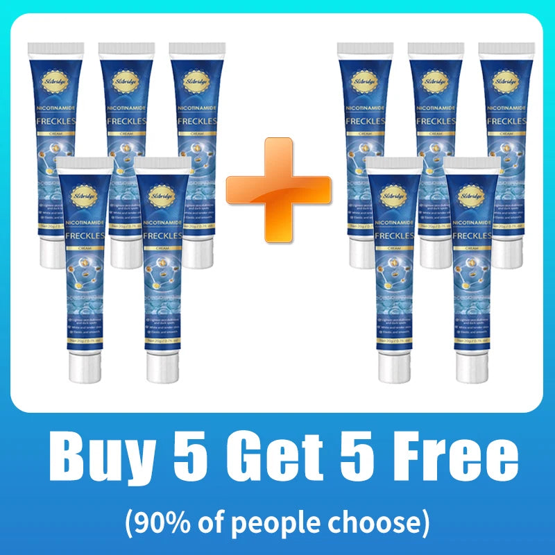 Ten tubes of blue Nicotinamide Freckle Cream arranged in two groups of five with a plus sign in the center.