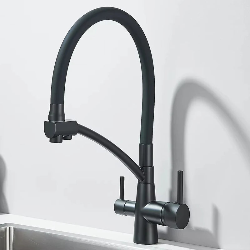 Filtered Kitchen Faucets Dual Spout Filter Faucet Mixer Pull Out Spray 360 Rotation Water Purification 3 Ways Sink Mixer Kitchen