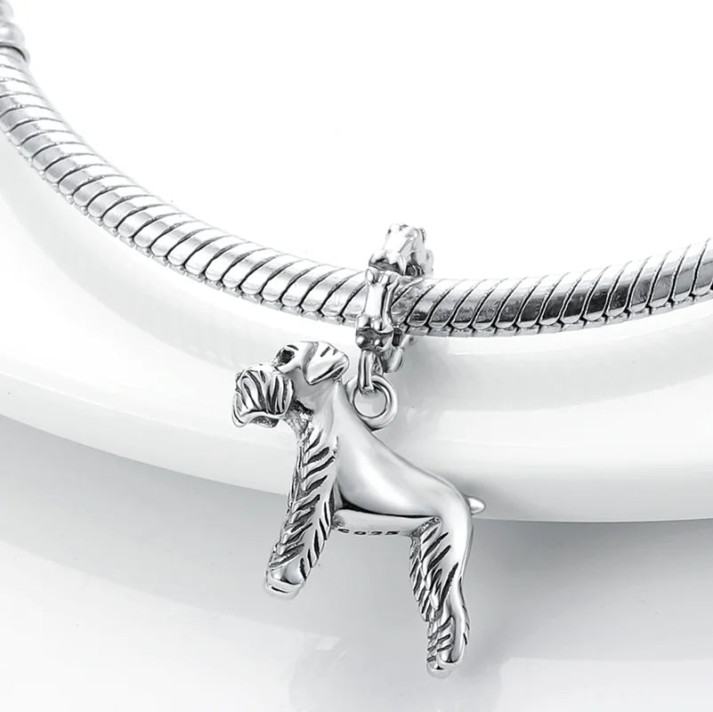 Authentic 925 sterling silver Schnauzer dog charm for charm bracelets, perfect for pet lovers and DIY jewelry.