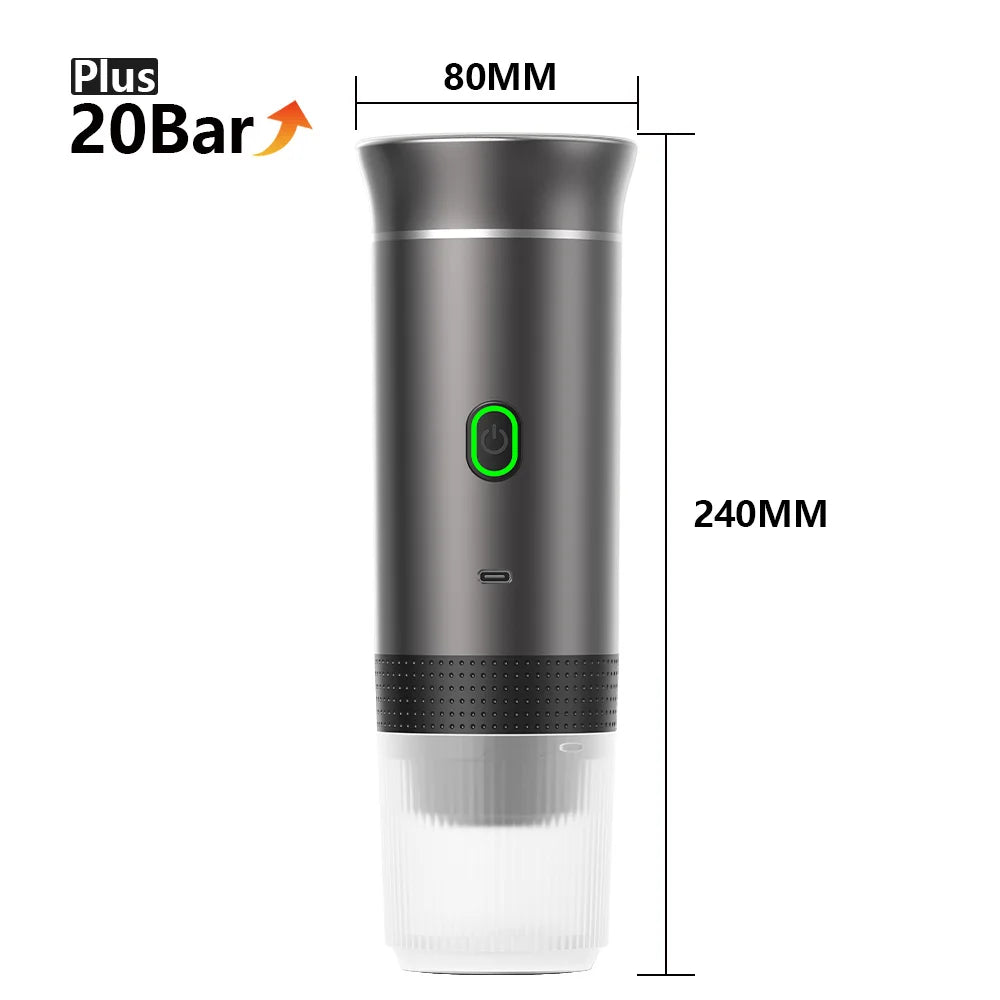 Portable 20-bar espresso maker, gray cylindrical design, 80x240mm dimensions, includes power button and clear base.