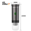 Portable 20-bar espresso maker, gray cylindrical design, 80x240mm dimensions, includes power button and clear base.