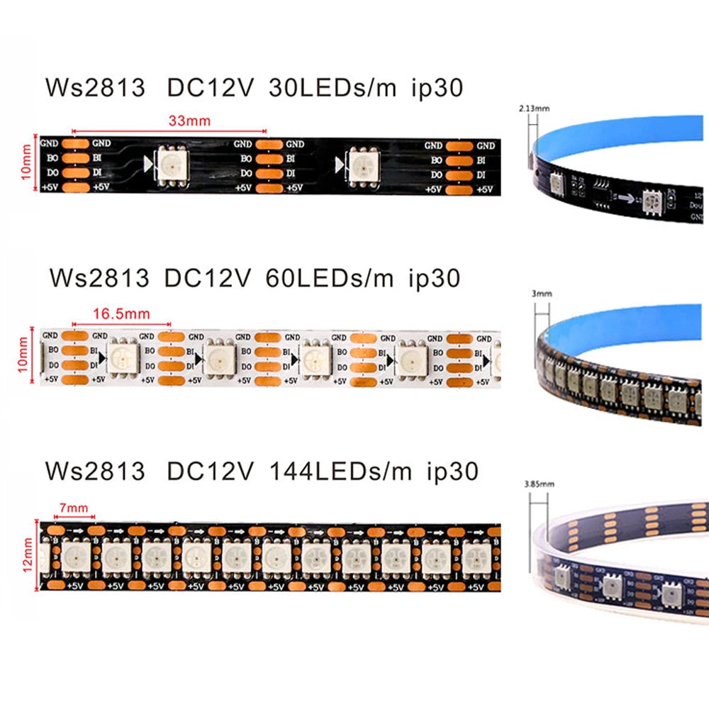 WS2813 LED strip variants with PCB layout measurements and curved strip sample