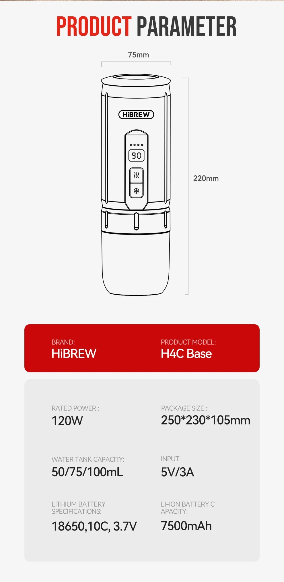 HiBREW H4C portable coffee maker specifications: 220mm tall, 120W power, 50-100mL tank, and 7500mAh battery.