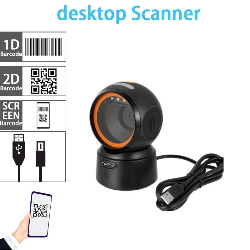 Black wired desktop scanner with orange ring, USB cable, and hand-held QR scanning