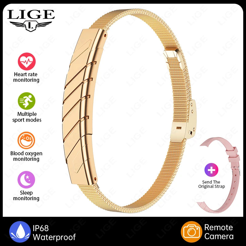 Gold mesh Bluetooth smart bracelet plus pink replacement strap, no-screen health tracker