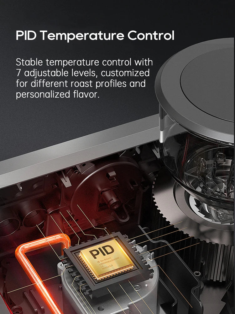 Coffee maker internal view showing PID temperature control chip and 7 adjustable heat levels for precision brewing.