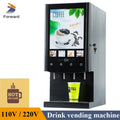 Forward black commercial coffee and hot drink vending machine with touchscreen display and four dispensing nozzles.