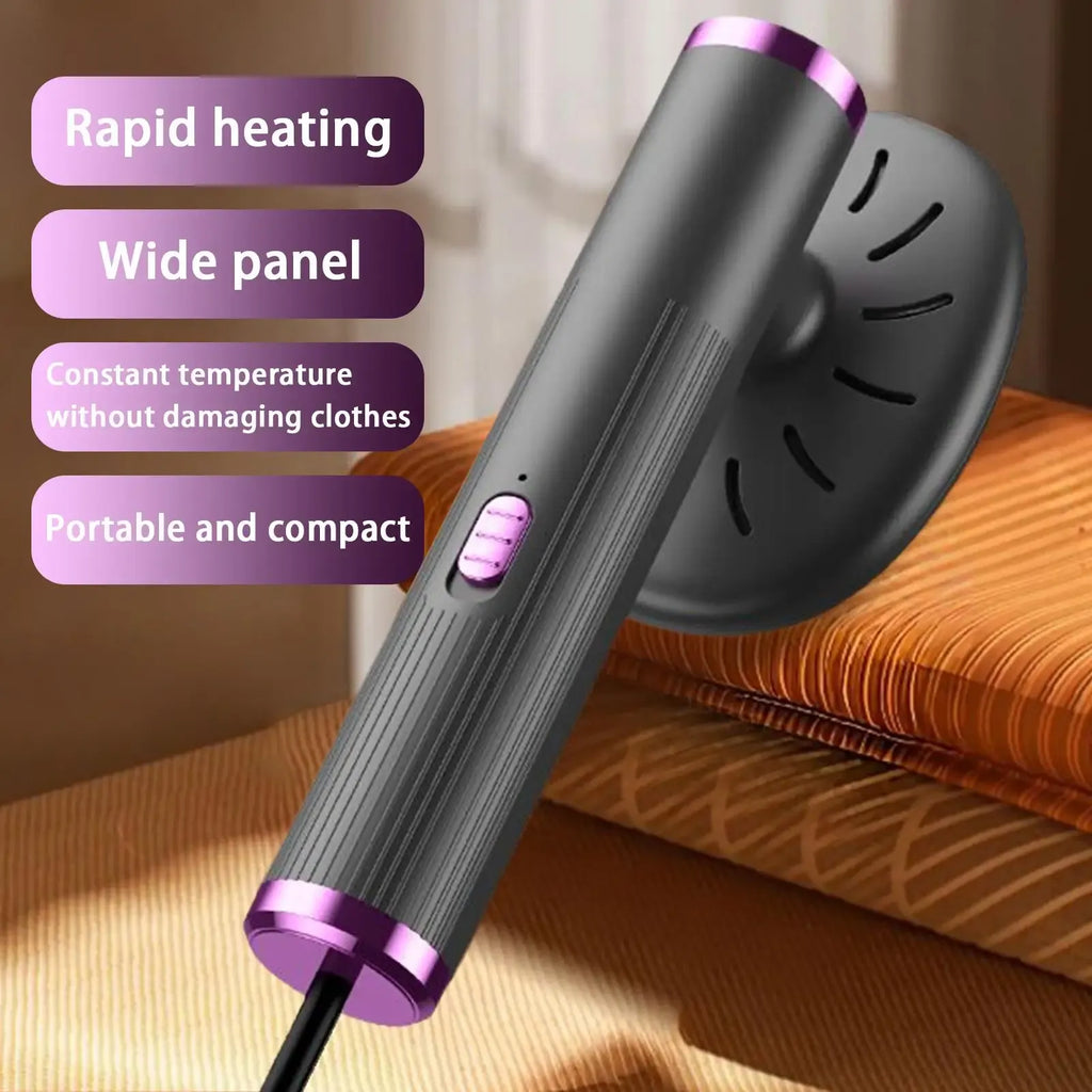 Portable garment steamer for clothes in dark gray with purple accents, featuring a wide heating panel.
