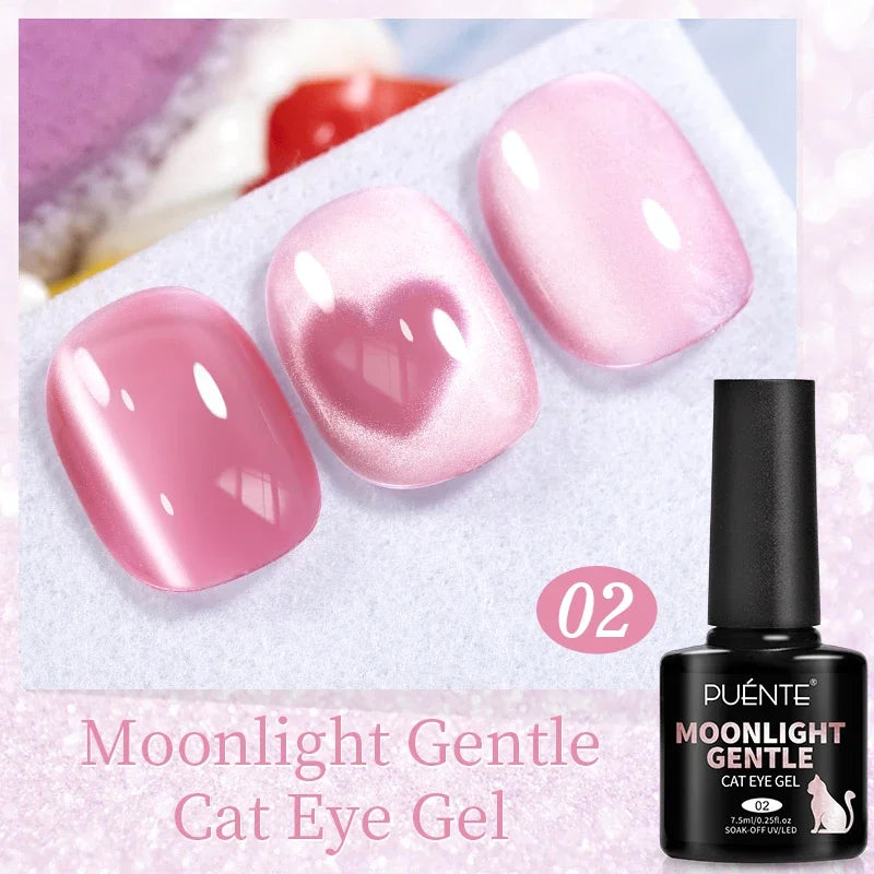 Moonlight Gentle cat eye gel polish, shade 02. Pink soak-off UV/LED gel displayed on three rounded nail tips.