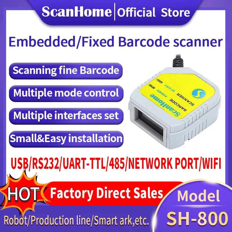 Fixed-mount embedded barcode scanner with white housing and yellow label