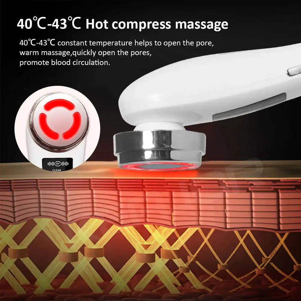 White RF facial massager with a metallic head, shown emitting red light on a cross-section of skin layers.