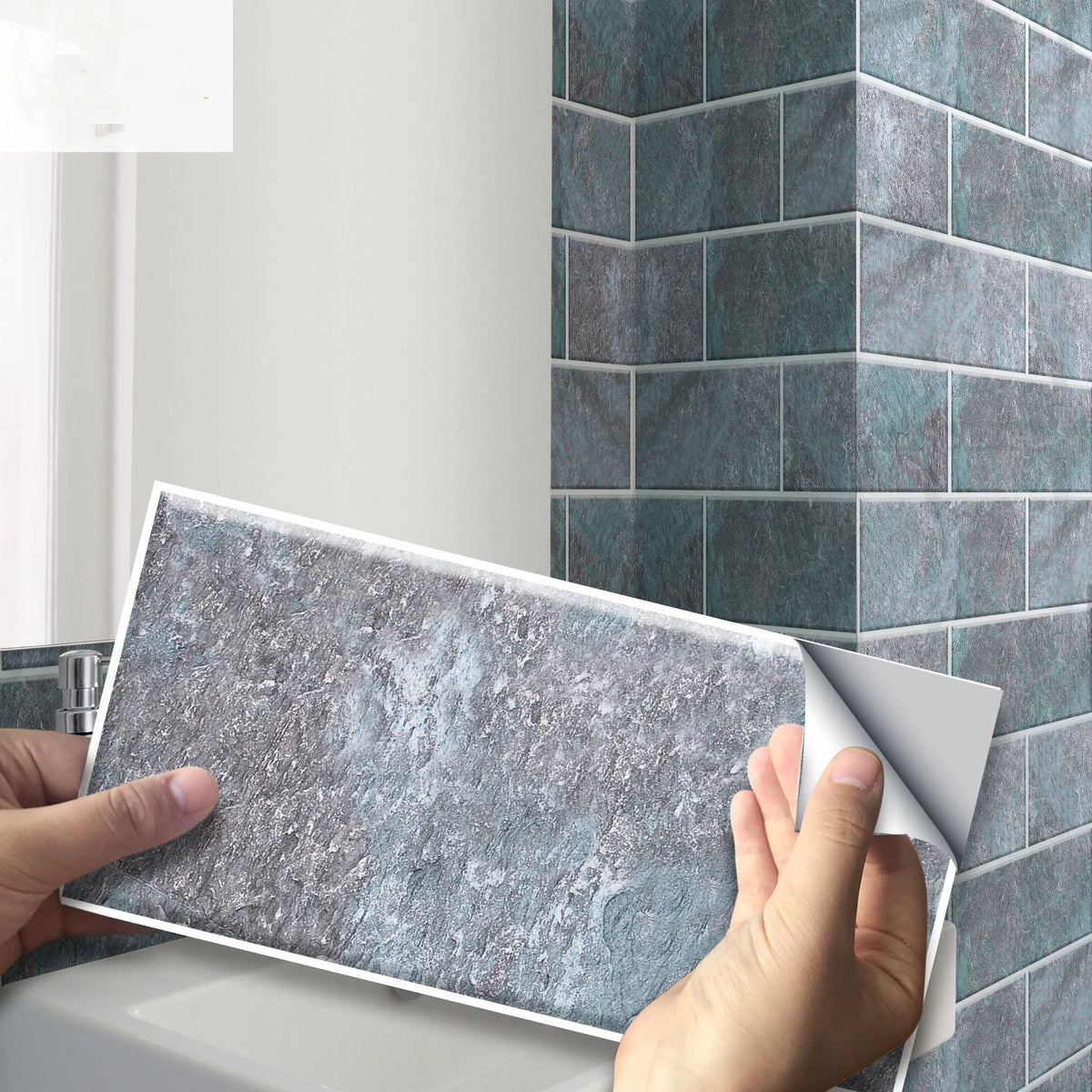Peel-and-stick brick tile wall stickers, textured blue-gray sheet with peel backing