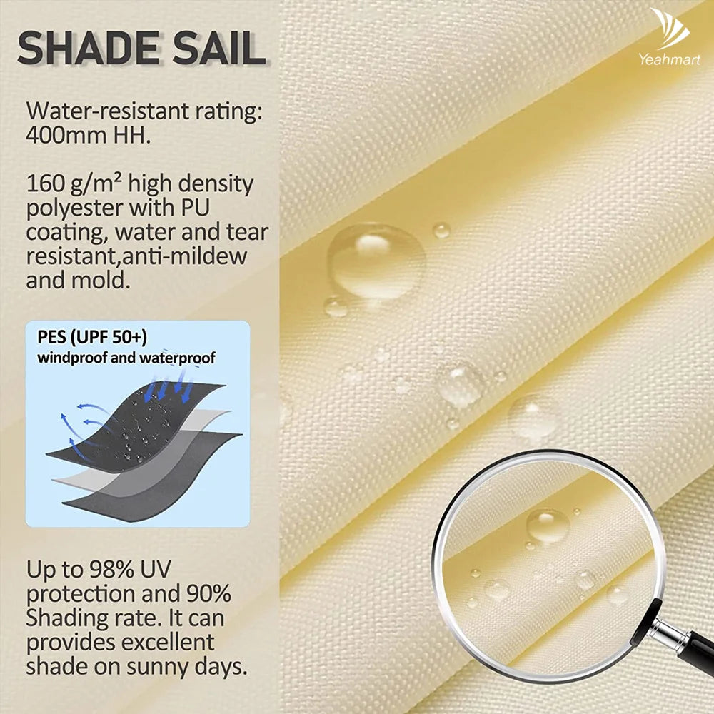 Light yellow shade sail fabric close-up with water droplets and magnified woven texture