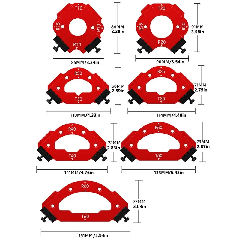 7Pcs RT10-RT60 Radius Jig, Woodworking Router Templates Arc Angle Positioning Template, Corner Radius, Reusable Positioning Tool