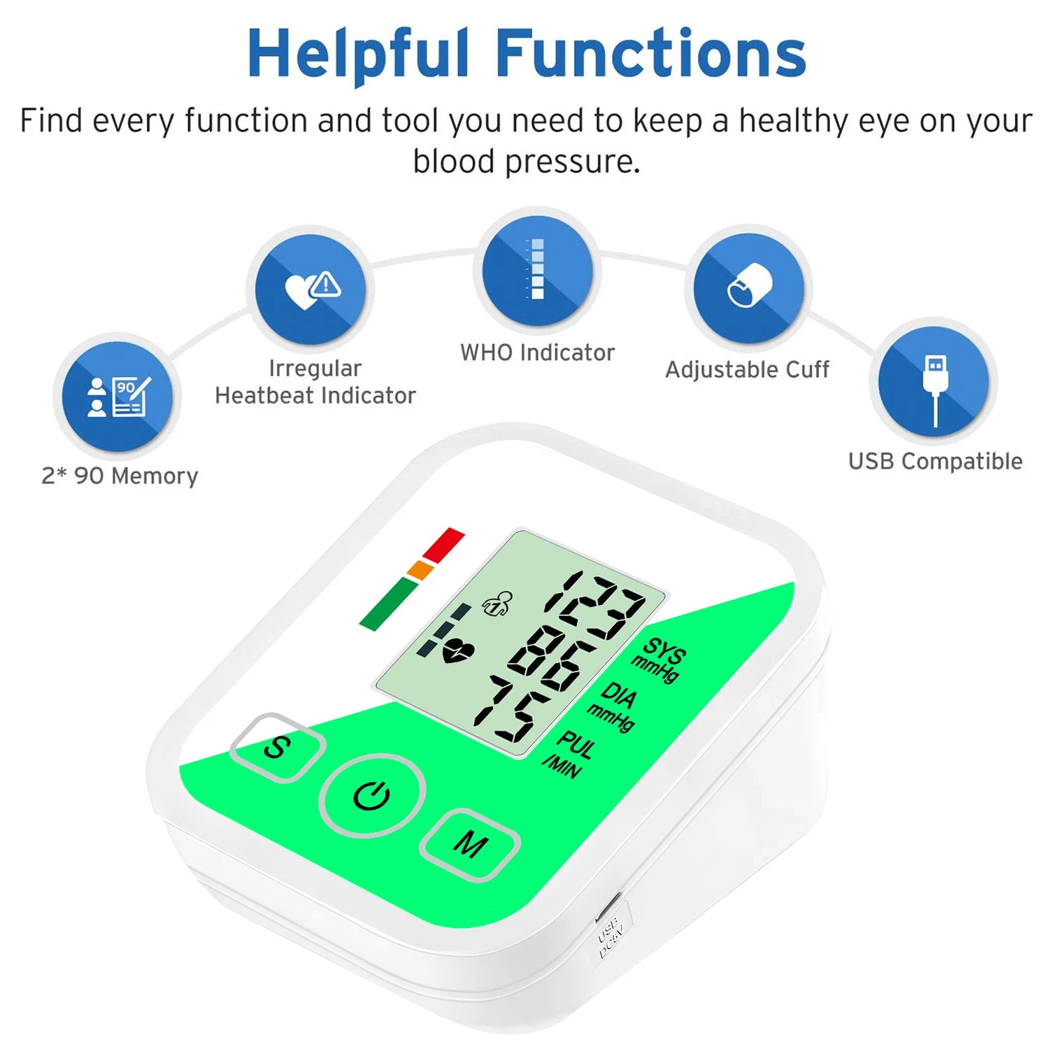Upper Arm Automatic Blood Pressure Monitor BP Sphygmomanometer Pressure Meter Tonometer for Measuring Arterial Pressure