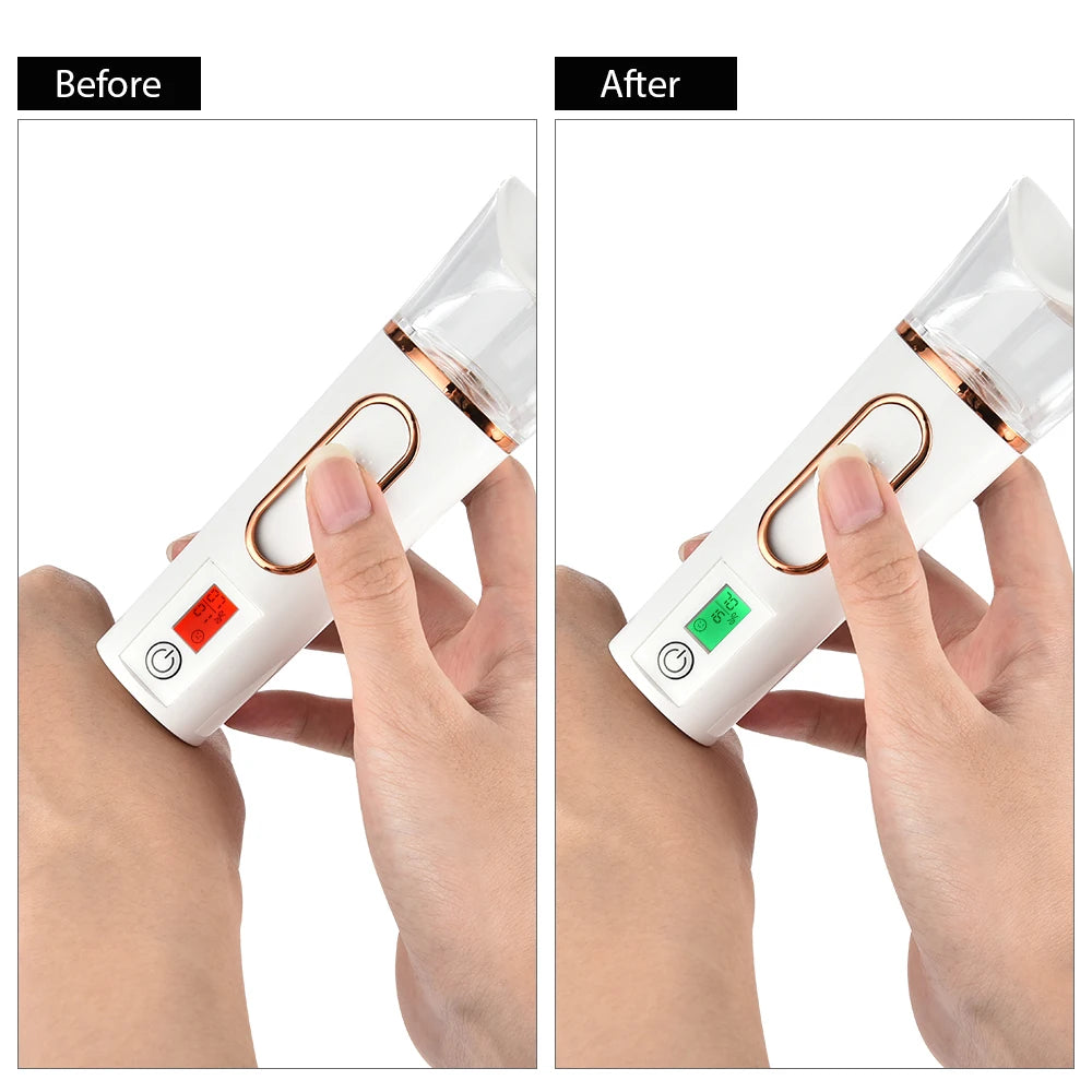 Portable nano facial mist sprayer in white and gold showing skin hydration levels before and after use.