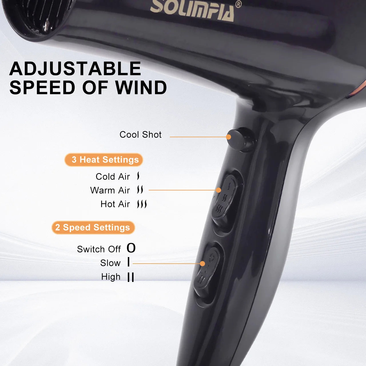 Black professional hair dryer with 3 heat settings, 2 speed levels, and cool shot button for salon-style hair styling.