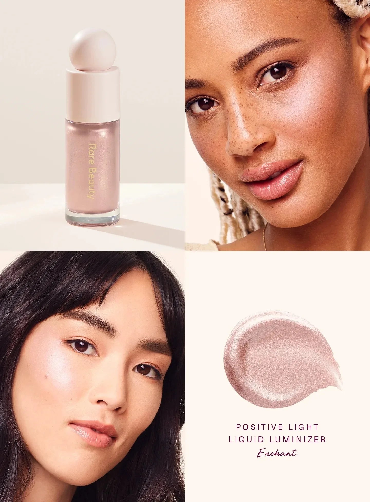 Rare Beauty Positive Light Liquid Luminizer in Enchant: a shimmery, champagne-pink hydrating liquid highlighter swatch.
