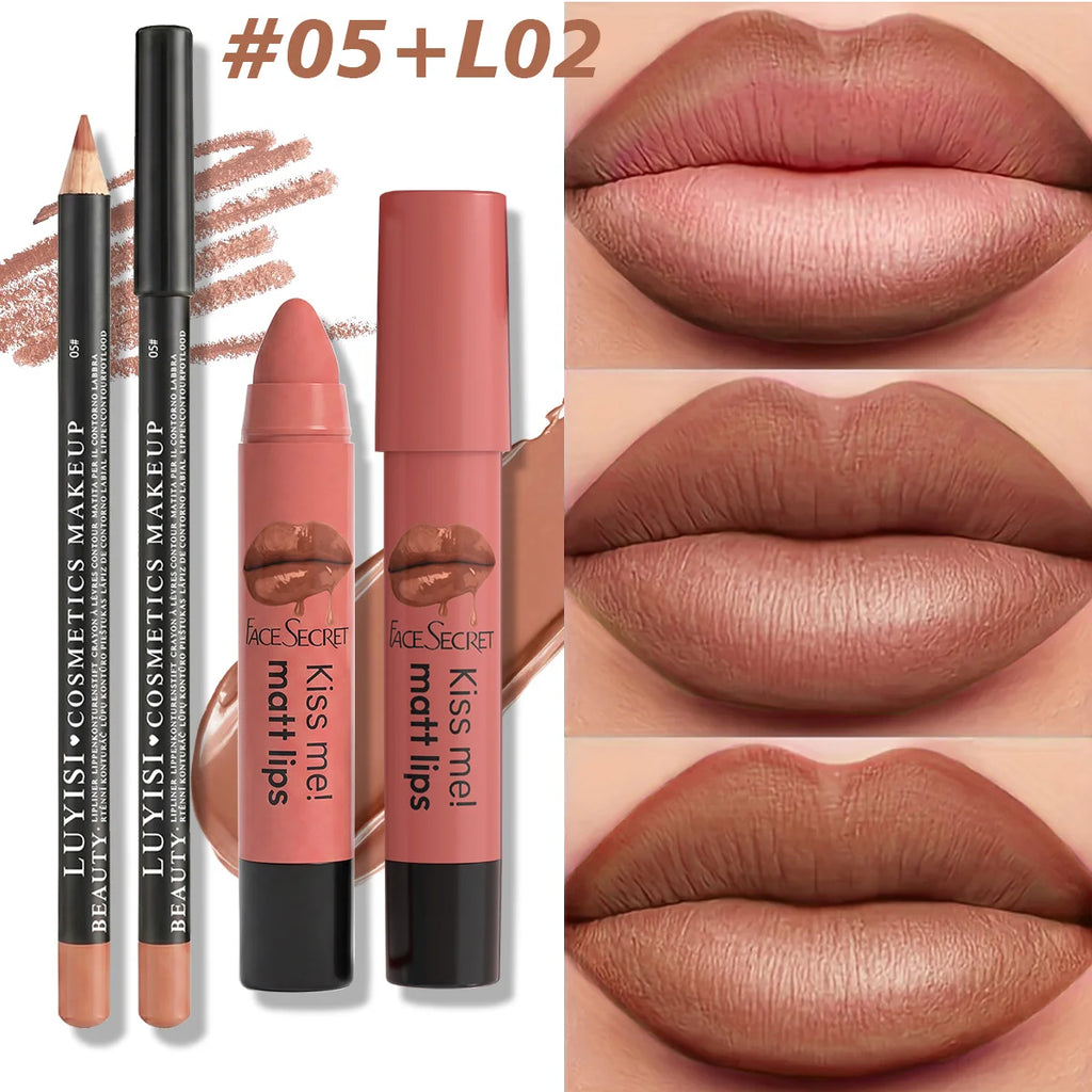 Professional matte lipstick and lip liner set in nude brown with long-wear, waterproof, high-pigmented finish.